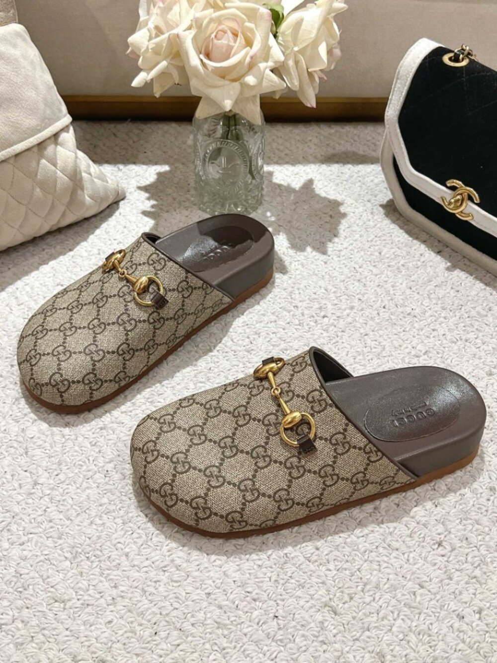Gucci Beige and Brown Mules with Gold Detail